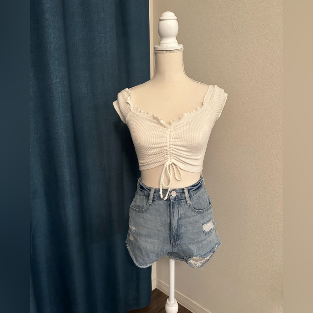 White Crop Top w/ Ruching and Drawstring Size Small - Picture 2 of 6